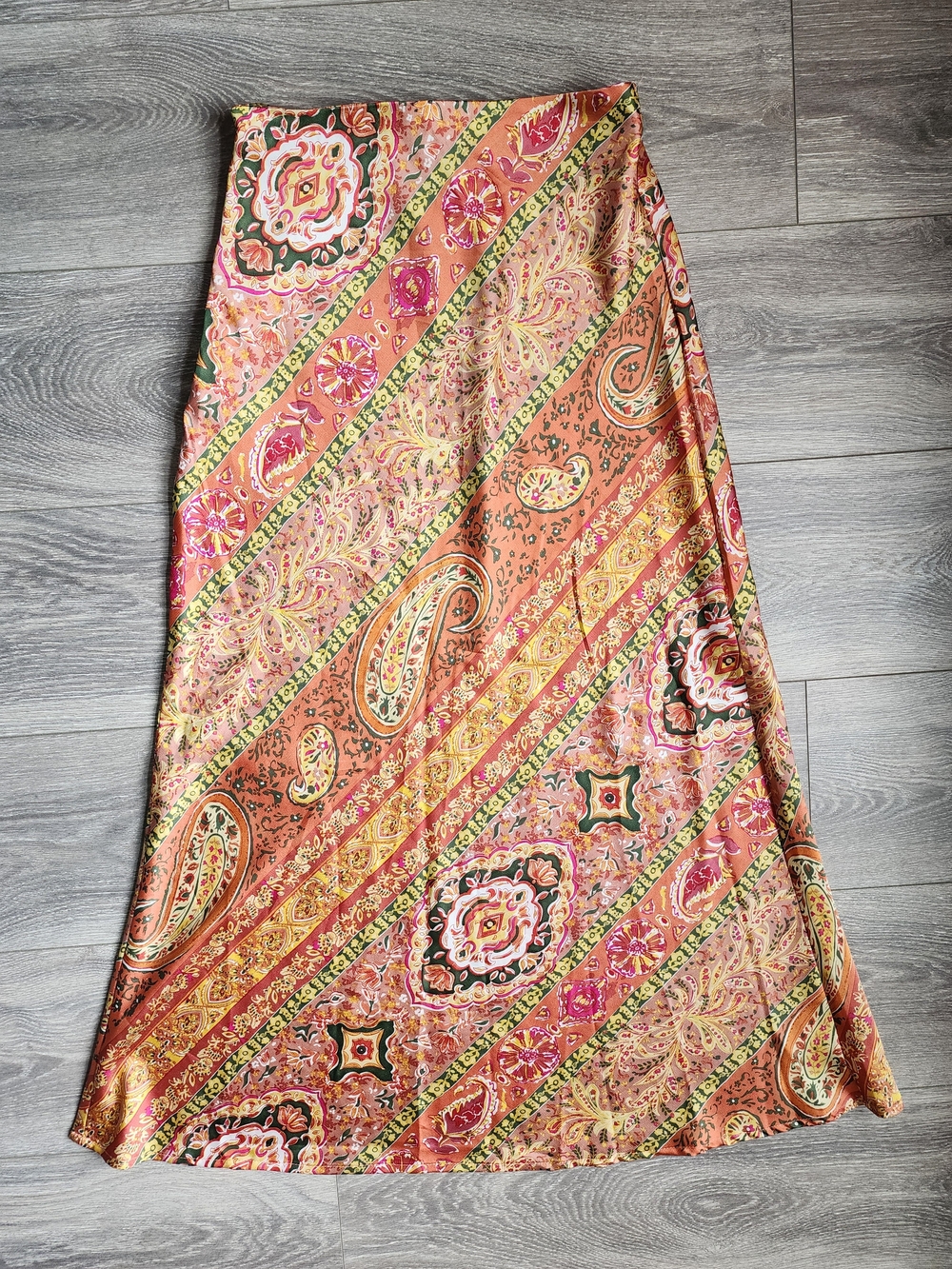 Coral Orange & Pink Satin Paisley A-line Maxi Skirt Size Small Whimsy Boho
